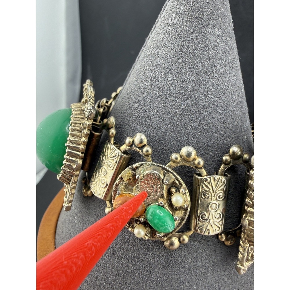 Vintage Victorian Revival Bracelet Green Stones Panel Gold Tone READ - Picture 2 of 12